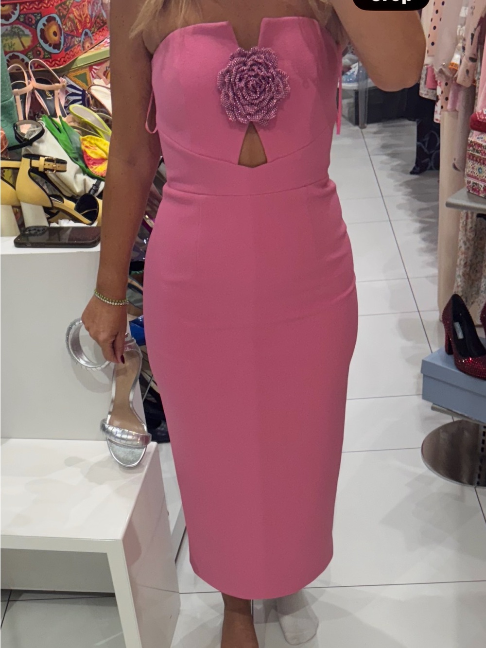 Rebecca Vallance Hot Pink Strapless Midi Dress with Floral Rosette - Picture 6 of 6